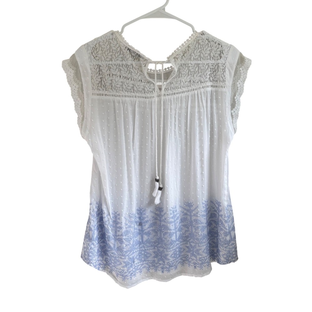 Pale Sky White Blue Boho Lace Embroidered Swiss Dot Blouse Top Womens Medium - Picture 8 of 8